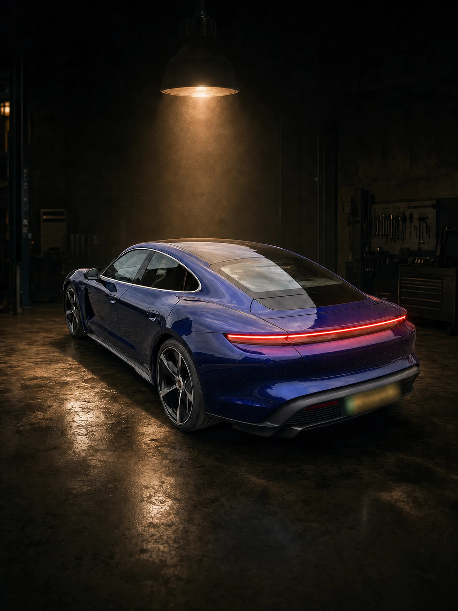 Performance car under inspection light in a dark workshop